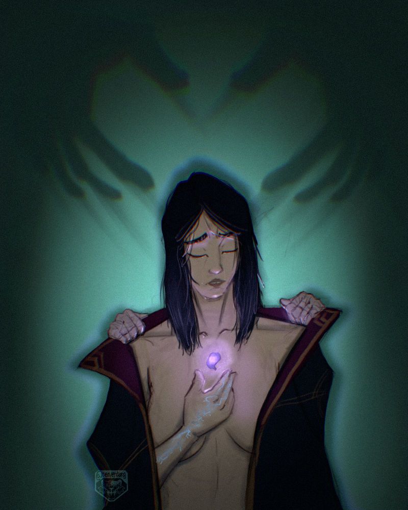 caitlyn standing waist up with vi's hands in the process of taking off her cape. caitlyn has a look of mourn and regret with tears. she holds her right hand up in front of her bare chest. glowing blue lightning scars trail from her trigger finger down her arm. a glowing violet petal floats above her hand. behind her two shadows make the shape of a grasping hand that also forms a heart.