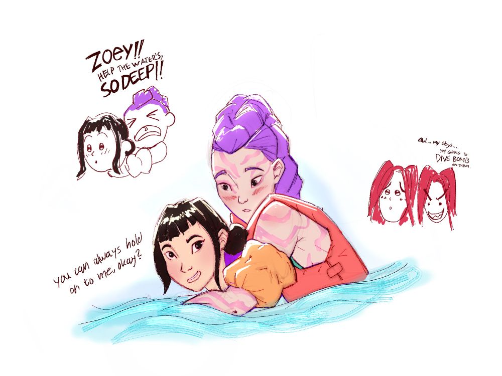 a series of huntrix drawings. chibi sketch of rumi holding on to zoey while in the water. saying, "Zoey! Help the watare's so deep!" sketch of zoey replying, "you can always hold on to me, okay?", with rumi, wearing a lifevest and floaters, blushing. chibi sketch of mira making an aww face and a mischievous face going, "aww my bbys.. i'm going to dive bomb on them."