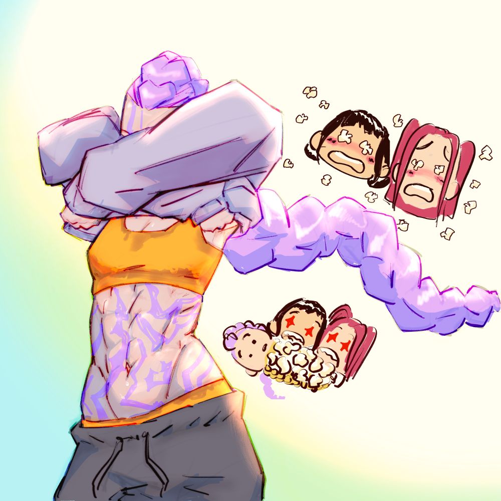 rumi lifting up her sweatshirt revealing sweat soaked yellow sports bra and pants, and glistening abs. in one corner chibi zoey and mira eyes turn into pop corn. another corner, chibi rumi with corncob for a body, halfway turned into popcorn as chibi mira and zoey goes feral and eats her.