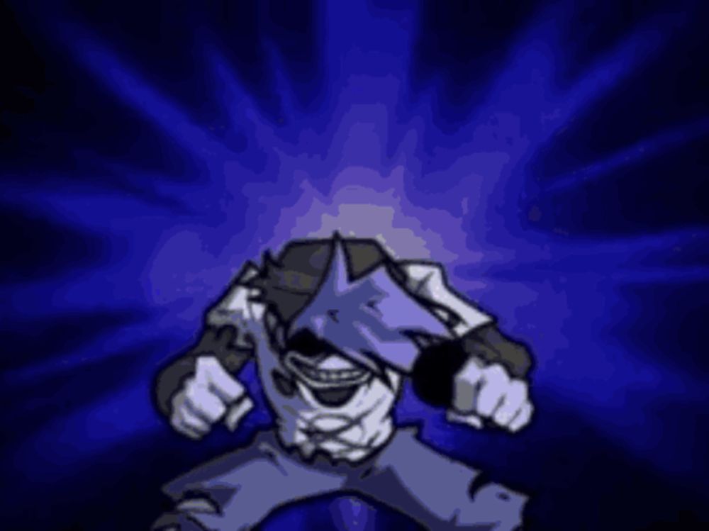 a cartoon character with a purple shirt and sunglasses is screaming in a dark room .