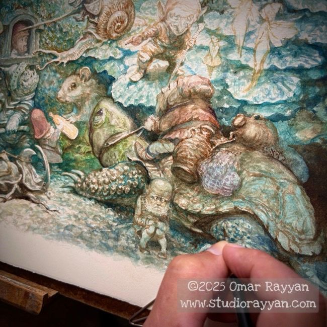 A watercolor painting in progress featuring a number of faeries interacting with woodland creatures. 