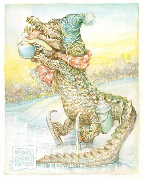 Watercolor painting by Omar Rayyan of a crocodile wearing skates, winter hat, and scarf, sitting on a snowbank while trying awkwardly to drink a hot cocoa with marshmallows in it. 