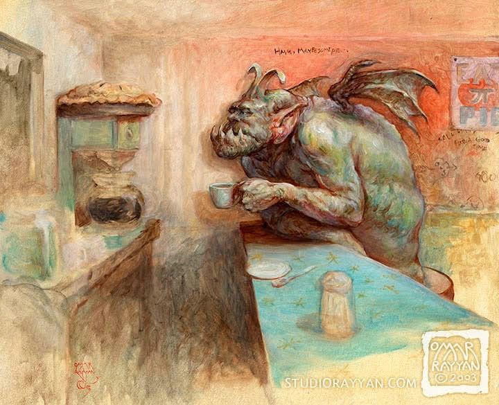 Painting by Omar Rayyan. An ogre sits at a diner lunch counter, drinking coffee and thinking of getting a piece of pie. 