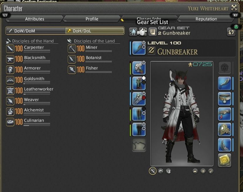 A screenshot from FFXIV showing that I have all of my crafting and gathering classes at max level