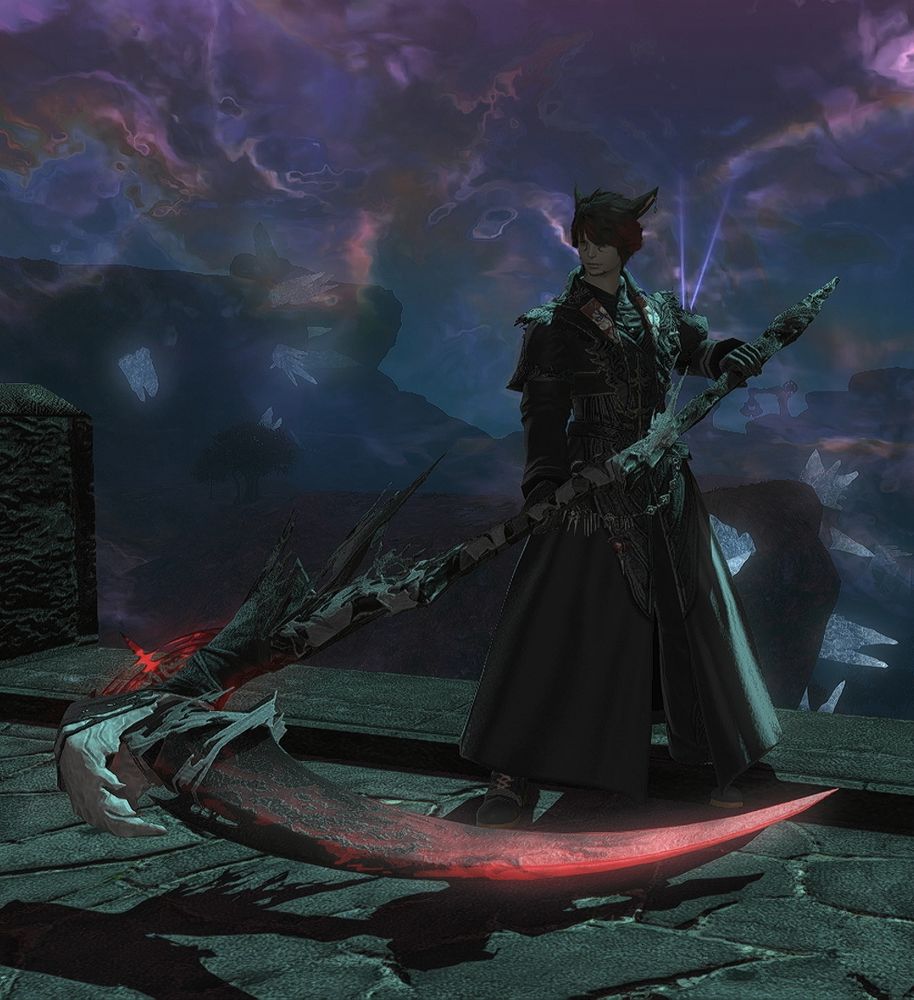 A screenshot of Yuki wearing his reaper outfit. It's makai gear, earned from pvp. It's a pure black coat, with small brown and white accents. Reminiscent of funeral outfits. This time, with his scythe out, which has dark and crimson coloring.