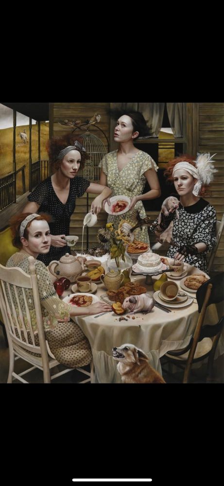 Painting of four women at a lavish chaotic table