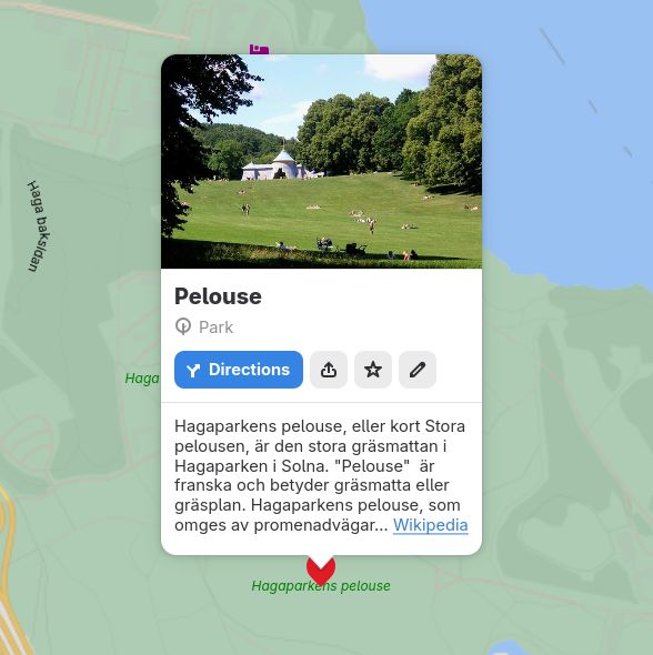 Showing Hagaparken in Solna in GNOME Maps with the icon in the button for directions having the "take an exit" pointing right.