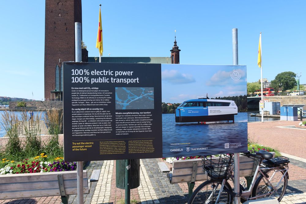 Poster advertising trial runs with electric hydrofoil ferry. 