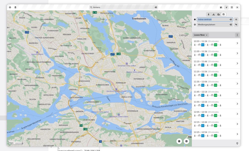 Screenshot of GNOME Maps showing public transit itineraries augmented with metro route colors in Stockholm.