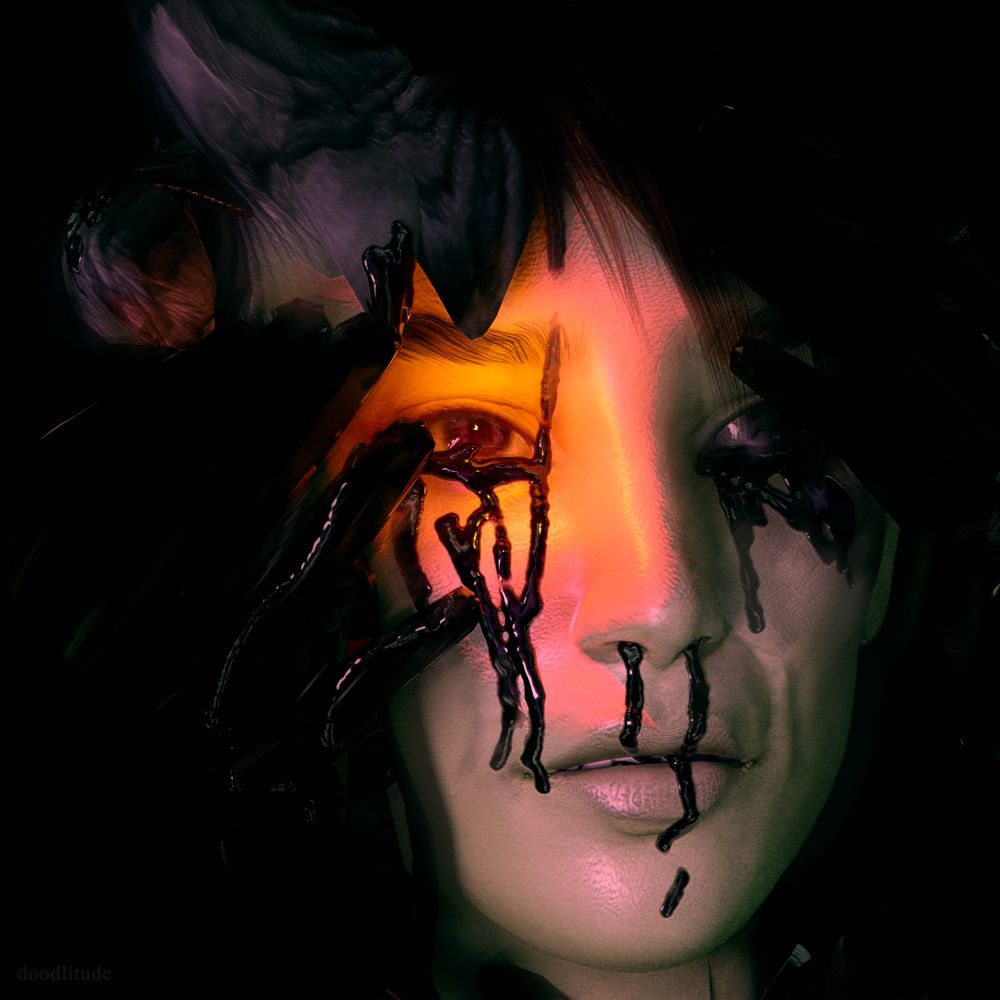 Immersed in the dark liquid, a woman with swarthy skin emerges. The viscous substance appears to take on the shape of hands, enveloping her face and curling around her horns. Her eyes, wide and filled with terror, reflect a haunting desperation as she struggles against the suffocating embrace of the murky depths.