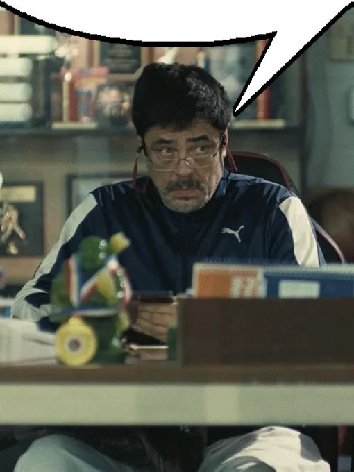 Benicio del Toro’s character from One Battle After Another with a speech bubble, as though he’s saying the quoted post. 