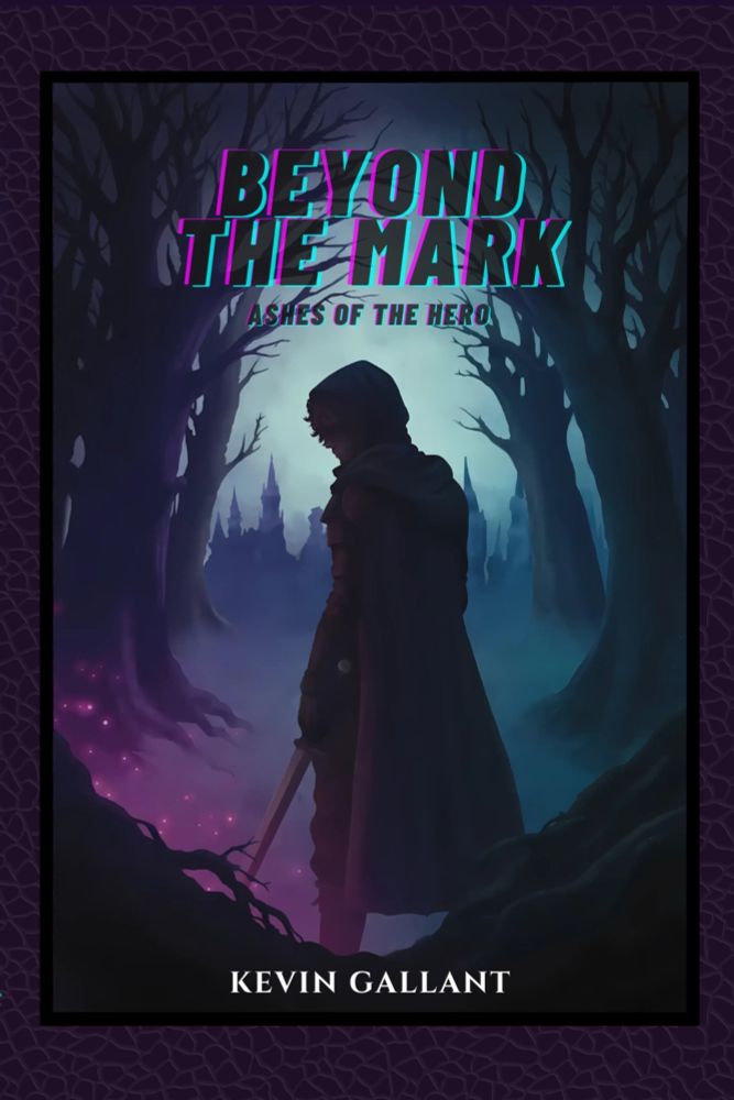 A stylized cover art for the book titled "Beyond the Mark: Ashes of the Hero," featuring a silhouette of a cloaked figure in a dark, magical forest. The figure, shrouded in shadow, is holding a glowing sword with a vibrant red hue. Intricate patterns adorn the figure's cloak, evoking a sense of mystery and fantasy. The background showcases an eerie forest with bare, twisted trees and ethereal lights, creating a mystical and foreboding atmosphere. In the distance, a castle with spires looms against a pale, glowing sky, adding a sense of adventure and danger to the scene. The title is prominently displayed at the top in bold, stylized lettering, with a vivid gradient effect that contrasts with the darker tones of the artwork. The overall composition conveys themes of heroism, darkness, and a journey into the unknown.