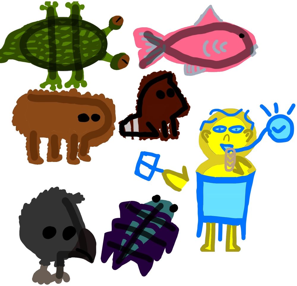 the sitelen pona for akesi, soweli, waso, kala, kijetesantakalu, jan and pipi drawn as cartoons. The jan is yellow and covered with blue and yellow glyphs: linjas for hair, lukin for eyes, kute for ears, nena for a nose, uta and luka/moku for a hand and mouth (the hand is holding a "palisa pan"), luka and ilo/kepeken for the other hand and a tool, len covering the body and nokas for legs. The toki pona symbol is used as a speech bubble. The waso is a grey circular shape with a beak out the front and two thin legs. The pipi is purple and green and has 6 pointy legs bent downwards at right angles and a hemisphere head with bug-eyes. The soweli is vaguely shaped and covered in brown fur from head to toe. The kijetesantakalu is dark red with white stripes on its tail. The akesi has a green scaly back, orange eyes on stalks with slit pupils, a wavy tail and frog-like legs. The kala is salmon-coloured with grey fins and gills and pursed lips. All original glyphs are overlayed on top. They are very simply drawn.      Whew.
