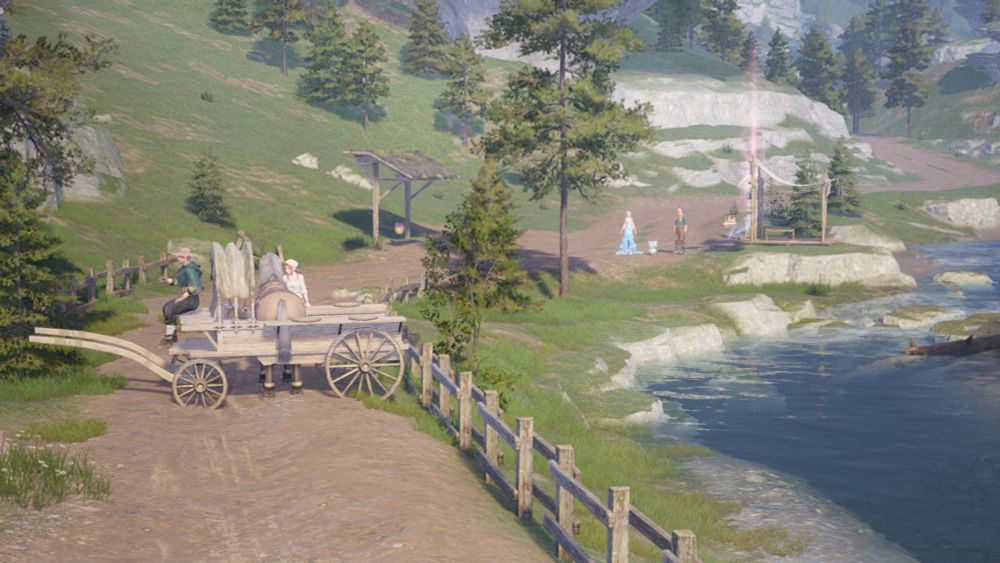 A wagon has a horse in the middle of it, and is rotated side ways, barreling down the road, despite not facing forwards, and some guy is getting run over in the process.