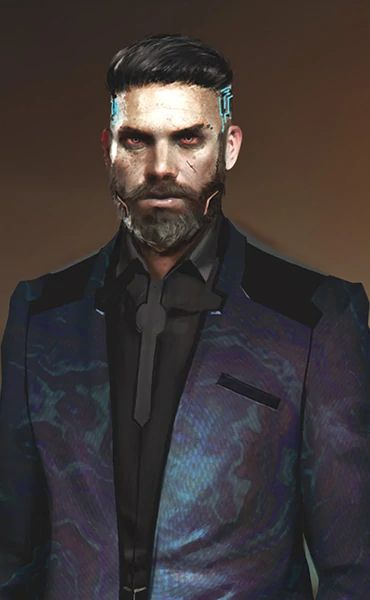 A severe looking white man with a closely groomed beard and a business haircut. He is wearing a mottled purple suit with a black shirt underneath. Cyberware dances brightly along his temples. 
