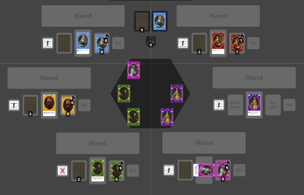A digital rendering of a trick-taking game. Various colored cards and musical notation tokens are littered across the screen. 