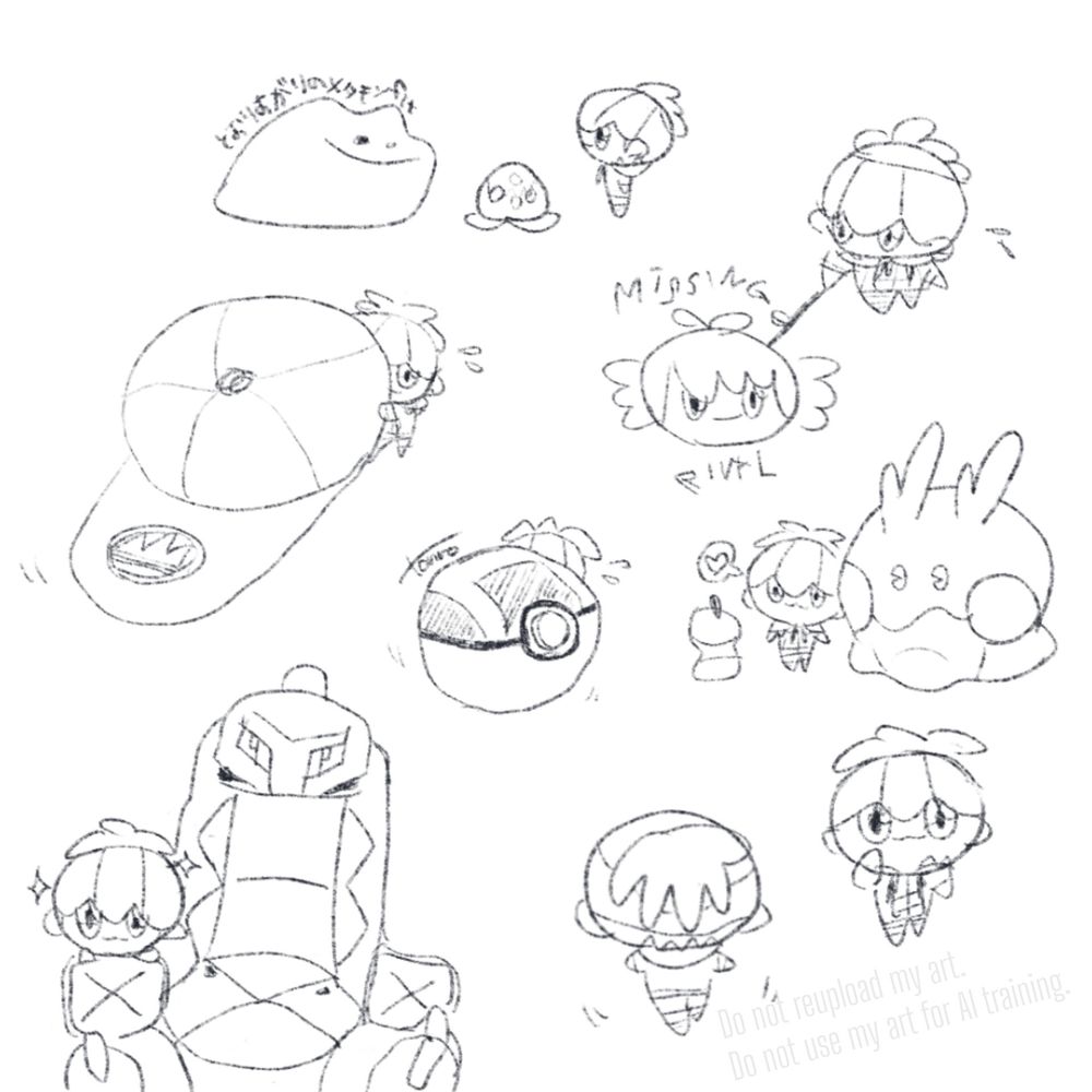 鉛筆でラフに描かれたポマキのモノクロイラスト群。jrrdnぬいの腕に乗っているポマキ、後ろ姿の歩くポマキ、きゅるんと見上げるポマキ、体よりでかいdndの帽子を懸命に引っ張って運ぼうとするポマキ、揺れるHボぬいの陰に見え隠れするポマキ、ヌメぬいと一緒に食べ残しを見つめる♡ポマキ、メタfitと🍑ンの実を挟んで見つめ合うポマキ、小枝で地面にdndの似顔絵を描いてMISSING RIVALと添えるポマキ。