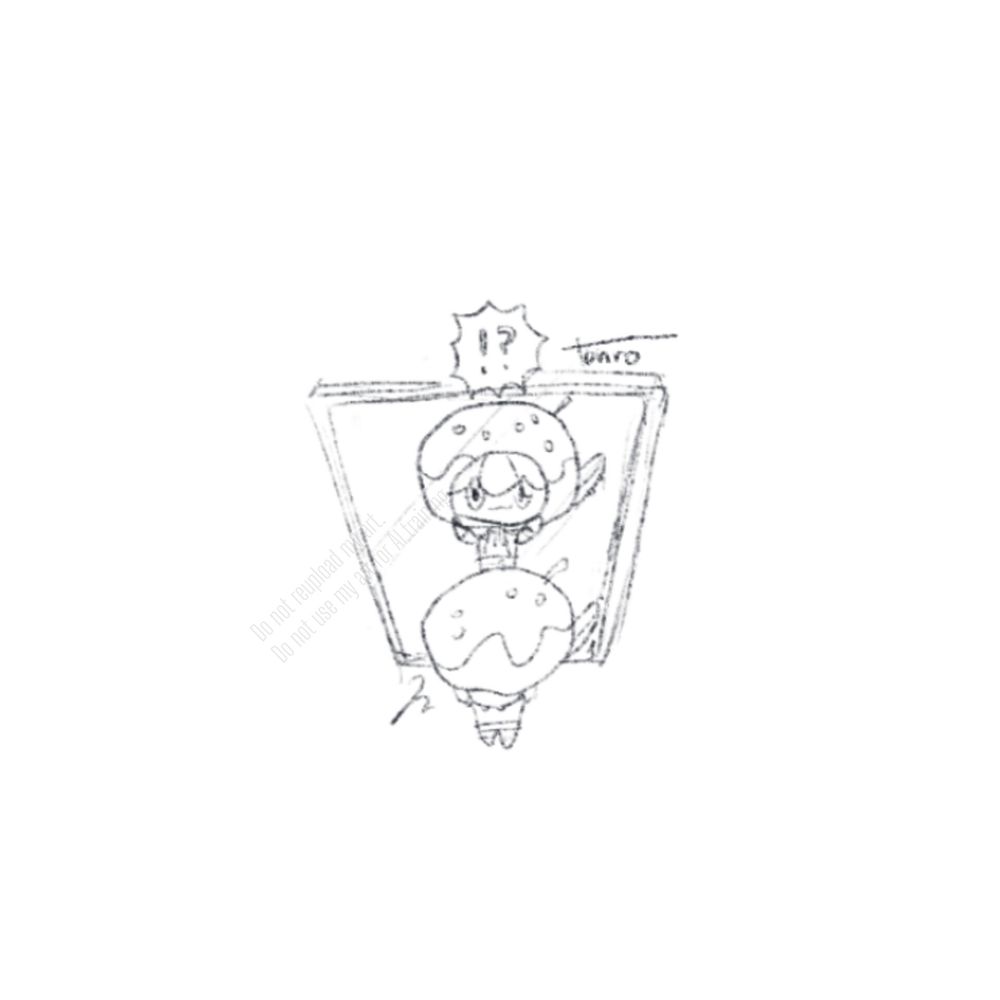 鏡を見て、たこ焼きの被り物を着せられていることがわかり仰天するポマキのゆるいモノクロイラスト。