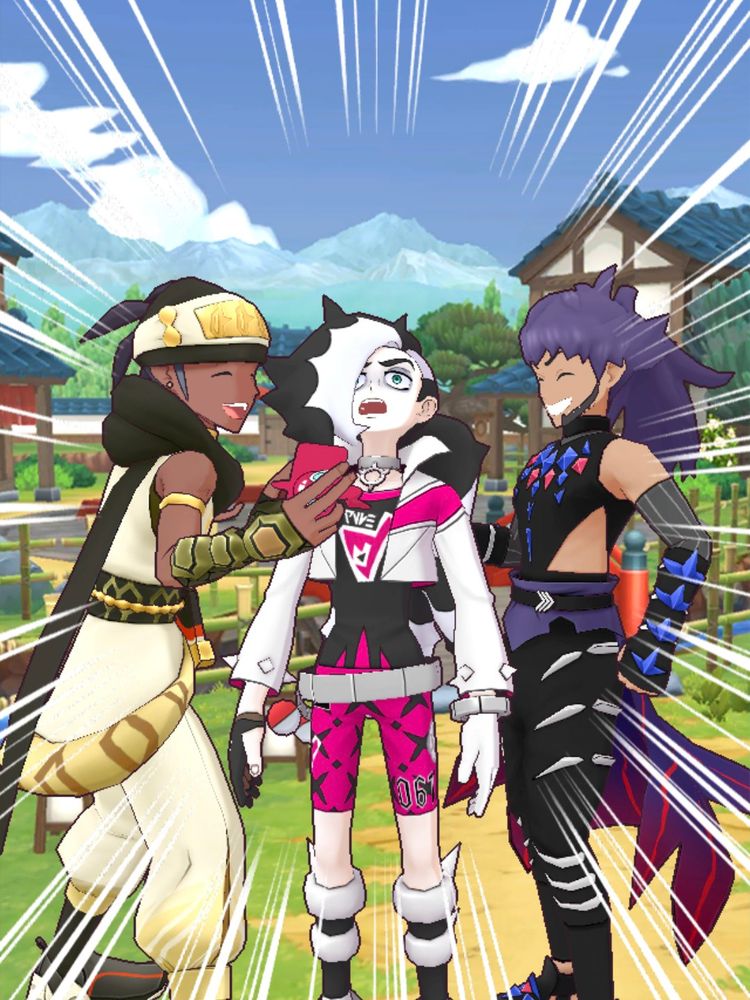 pkmsフォトメーカーのスクリーンショット。笑顔の忍者kbnと∞dndに取り囲まれて天を仰ぐnzの図。