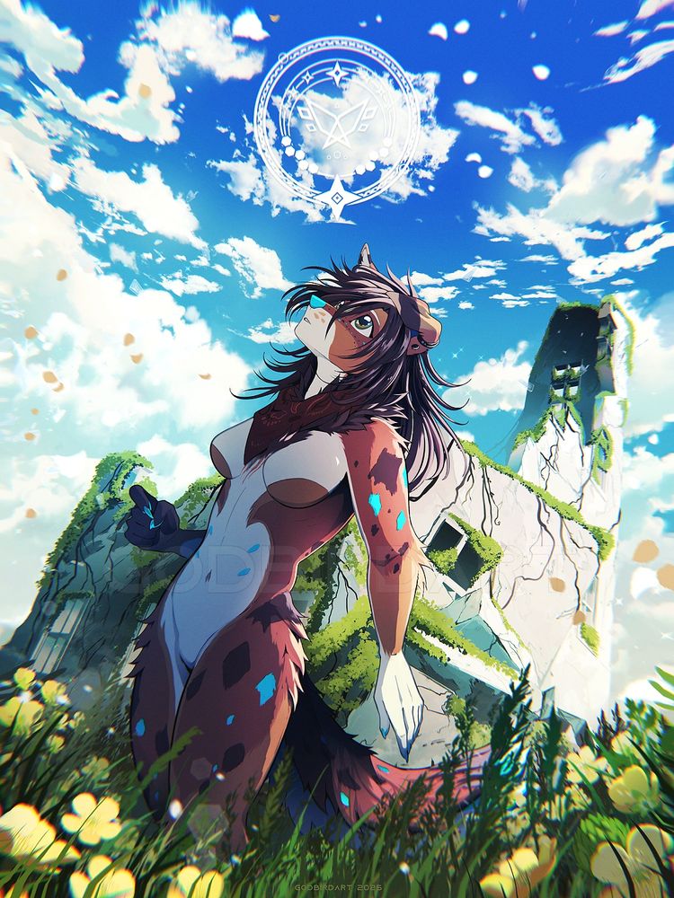 An anthropomorphic wolfdog gazes into a blue sky with an expression somewhere between sadness and hope. The background is a dilapidated building that has been overgrown with foliage.