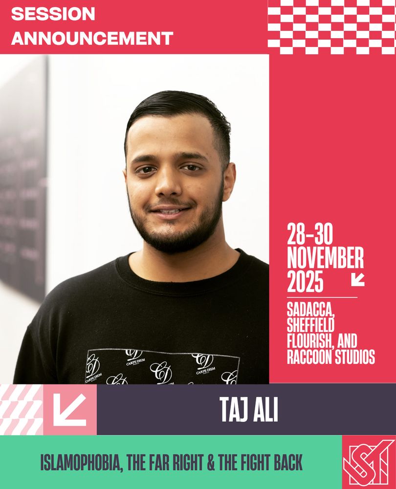 An announcement graphic for Taj Ali at Sheffield Transformed Festival. There is a photograph Taj wearing a black t shirt.
