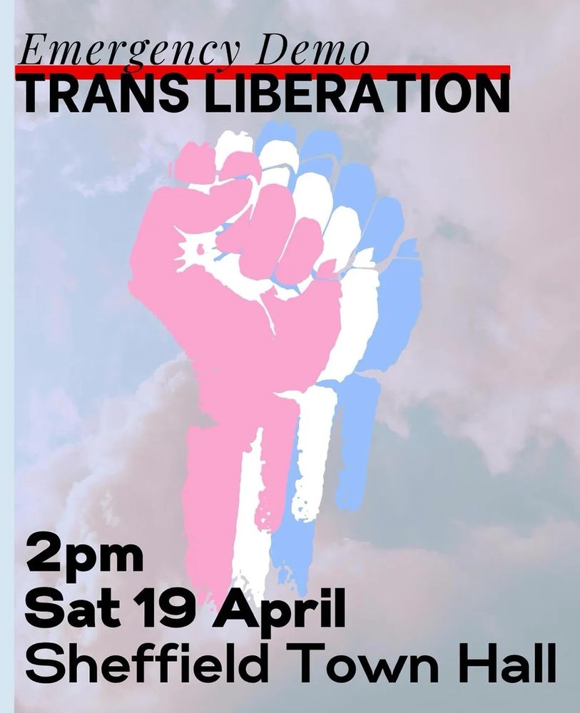A poster with a solidarity fist in trans rights colours.

Text: 

Emergency Demo
Trans Liberation 
2pm
Sat 19th April
Sheffield Town Hall
