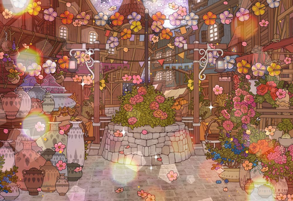 a cobblestone marketplace filled with flowers, clay pots, and colorful garlands. at the center sits a stone well covered in pink blossoms, surrounded by stalls and wooden houses glowing under a dreamy sky.