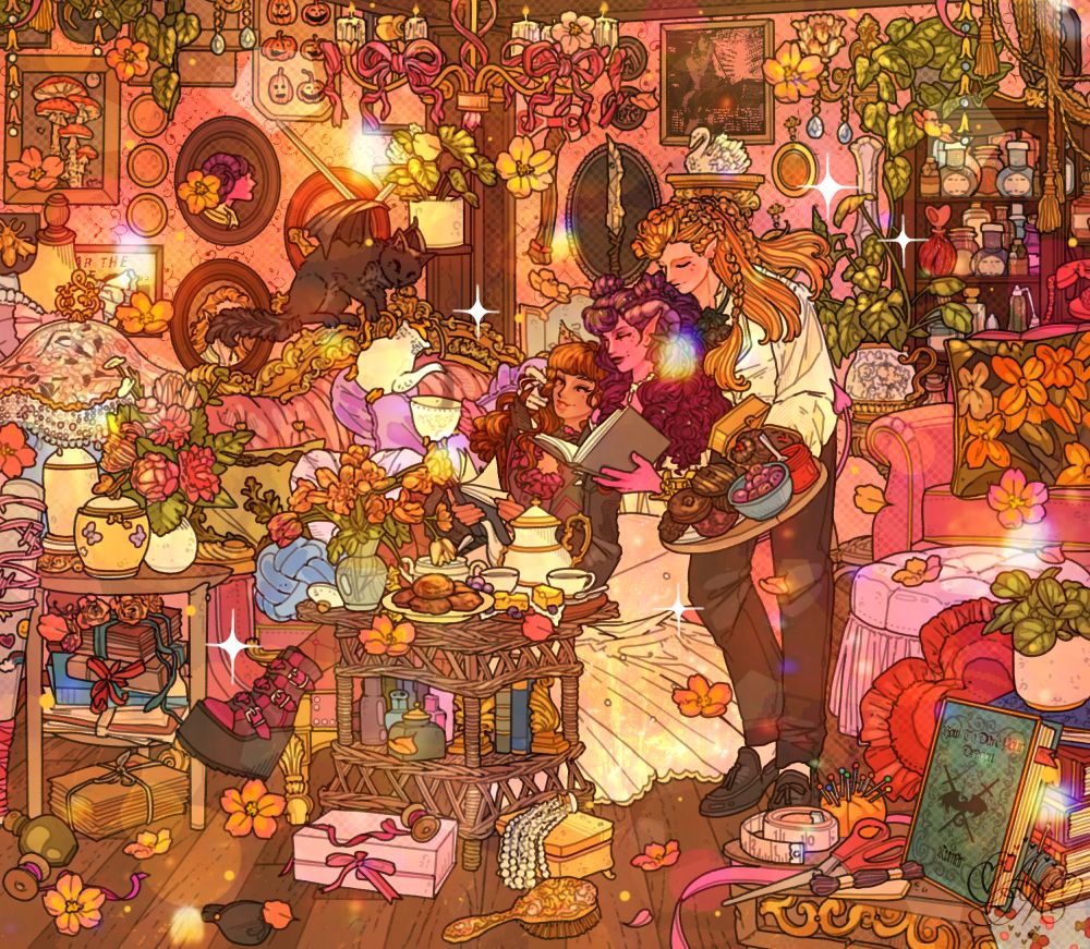 a living room overflowing with flowers, ribbons, sweets, books, and all kinds of cozy clutter, three lovers tangled together on a velvet couch, sharing pastries and a book in golden light. the room feels alive, every corner glowing with charm, vases spilling with blooms, tea cups stacked, presents tied with ribbons, jars and trinkets tucked everywhere. there’s a black cat with little bat wings flying above them like it’s the most normal thing in the world, and the whole scene feels warm, enchanted, and messy in the sweetest way possible <3
