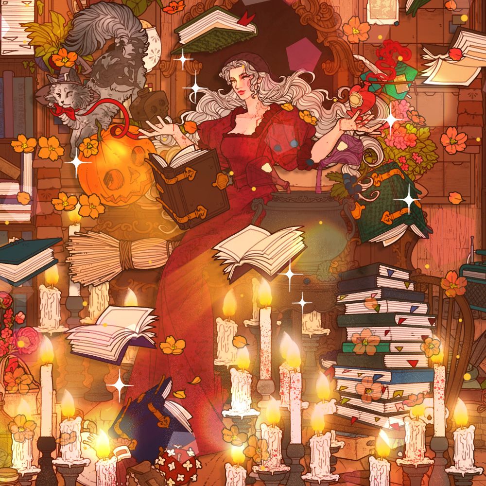 a cozy magical illustration of a witch in a long red dress, surrounded by floating books, glowing candles, and warm orange flowers. she sits in a candlelit room full of books and charms, with a large fluffy gray cat perched above her and a jack-o’-lantern beside her. her silver hair flows around her as she holds an open book mid-spell. the entire scene glows with a soft, enchanted warmth.