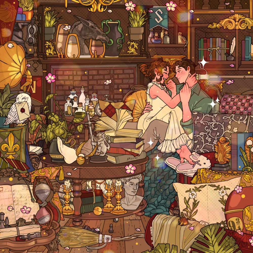 cozy, overstuffed room full of books, plants, potions, and random magical items. in the middle, a woman is curled up in a guy’s lap, both of them laughing, smiling like they’re in their own little world. there’s warm golden light, flower petals floating around, and way too many trinkets to name, feels like stepping into someone’s messy, magical love nest.