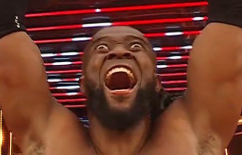 Wrestler Kofi Kingston celebrating his Wrestlemania win with deviously devilish facial hair. 