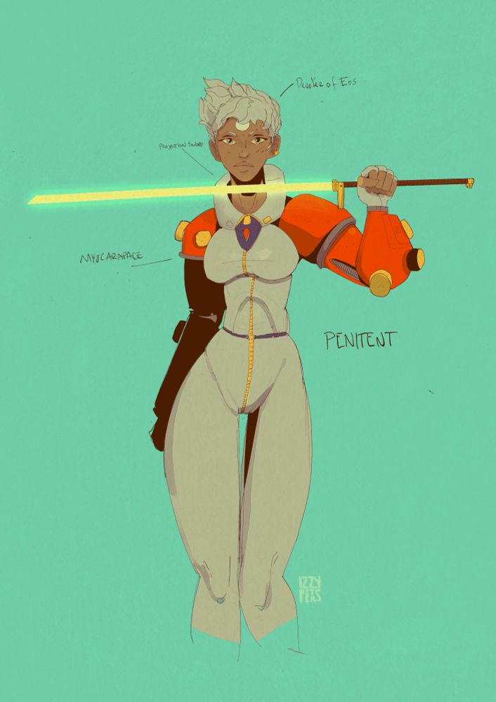 an ashen-haired woman in power armor, with beam sword
