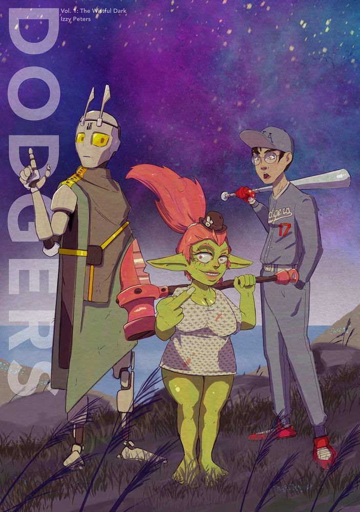 picture that looks like a comic cover of a busty goblin, pedantic robot, and astonished teen baseball player, in front of a purple sky