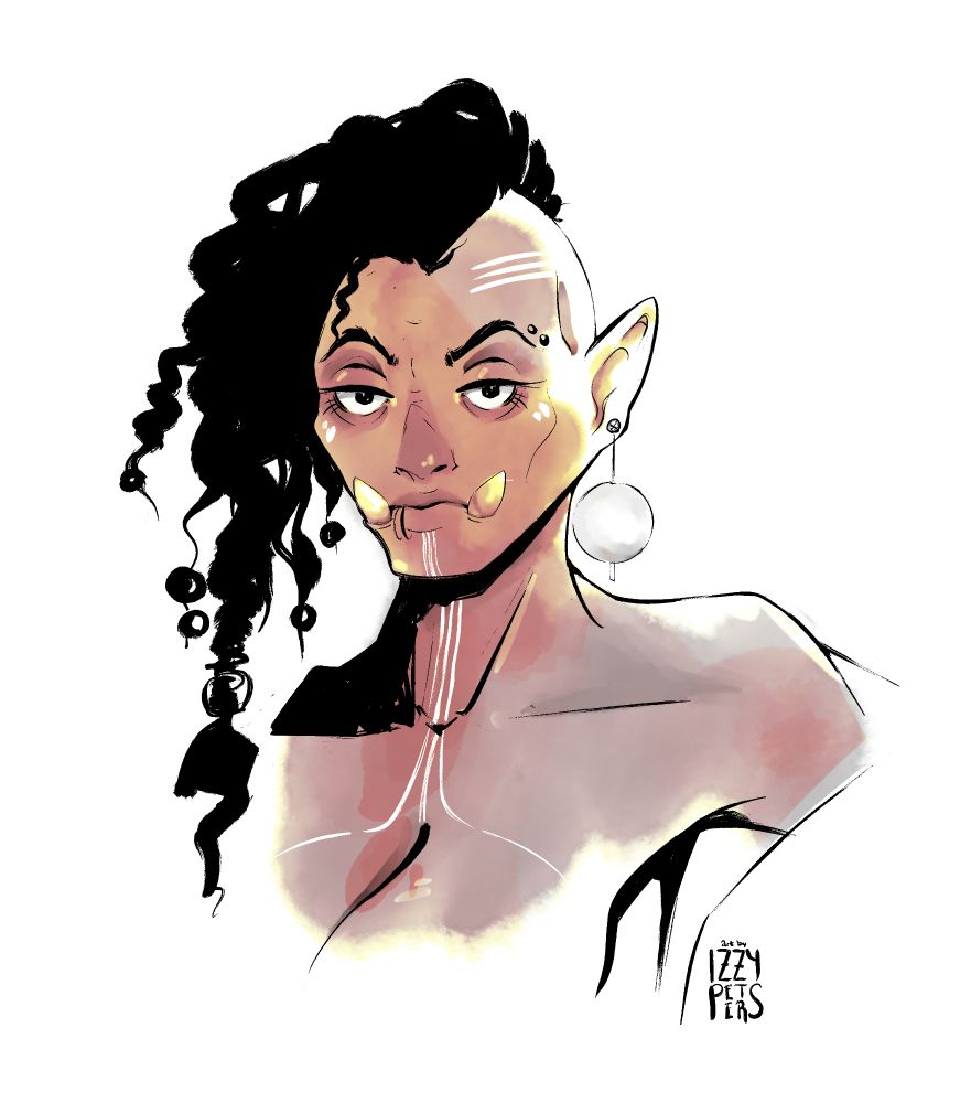 A tattooed orc with her bazongas out