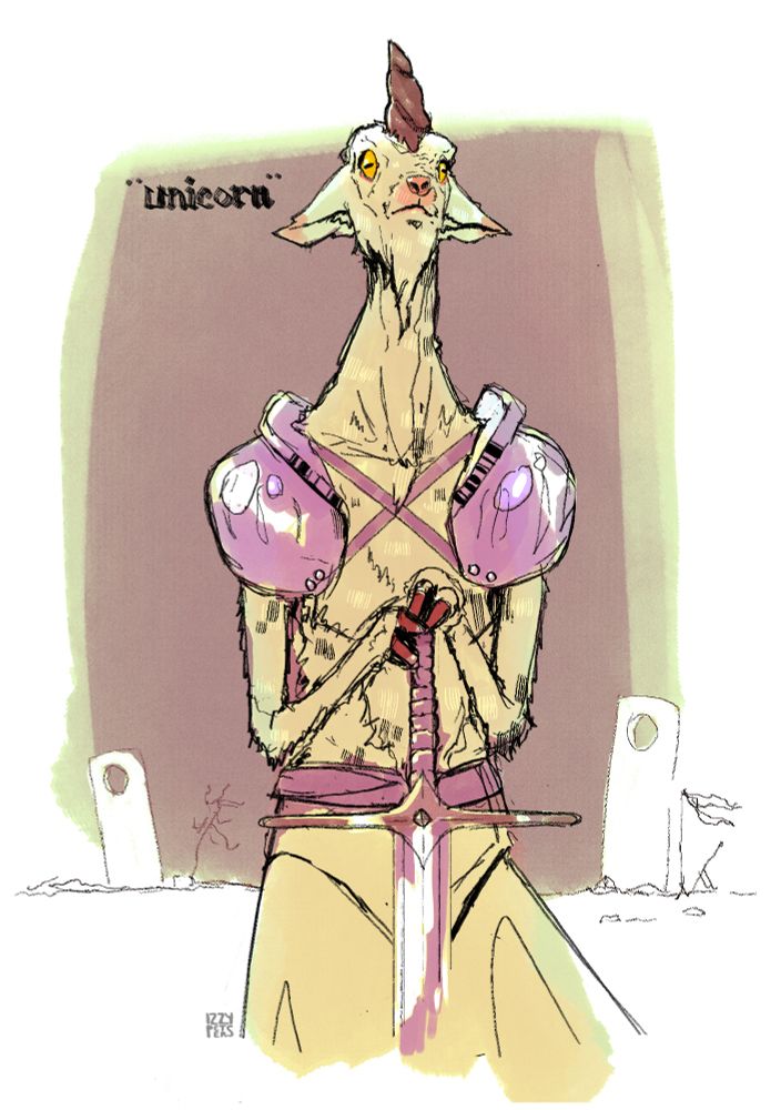 A figure with a goat-like head with one spiral horn, wearing metal pauldrons and white robes and holding a broadsword