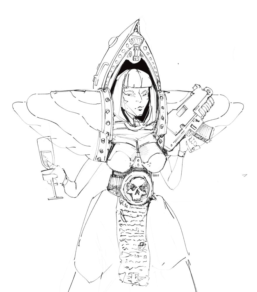 ink drawing of a sci fi noble woman in ornate armor with a champagne flute and bolt gun