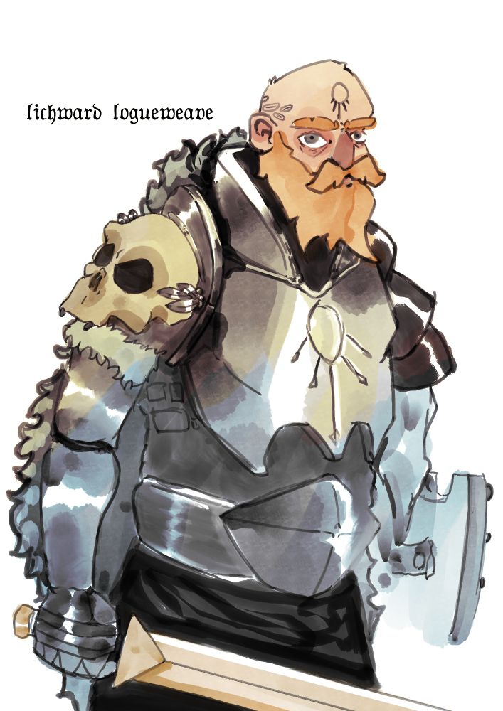 Armored bald man with red beard holding shortsword