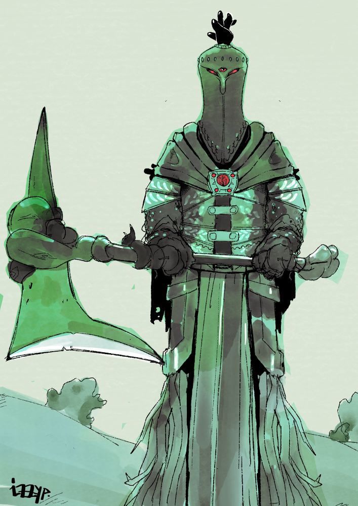a tall, green-hued knight in greathelm and plate, wielding a huge, heavy axe