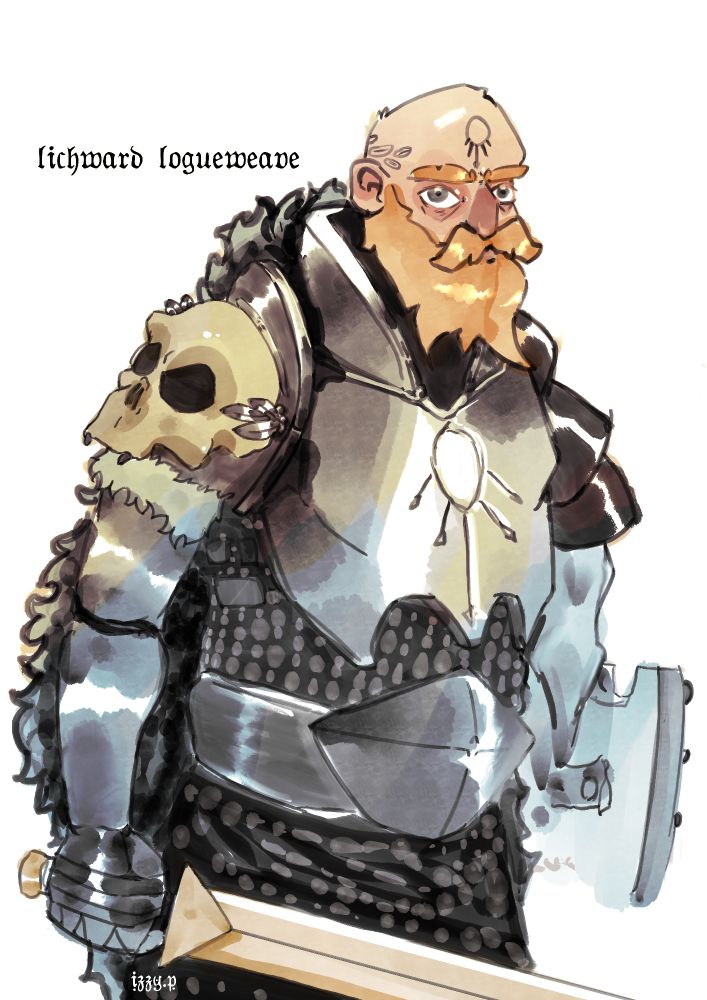 A heavy, armored man. Bald and bearded with fur cloak and skull pauldron.