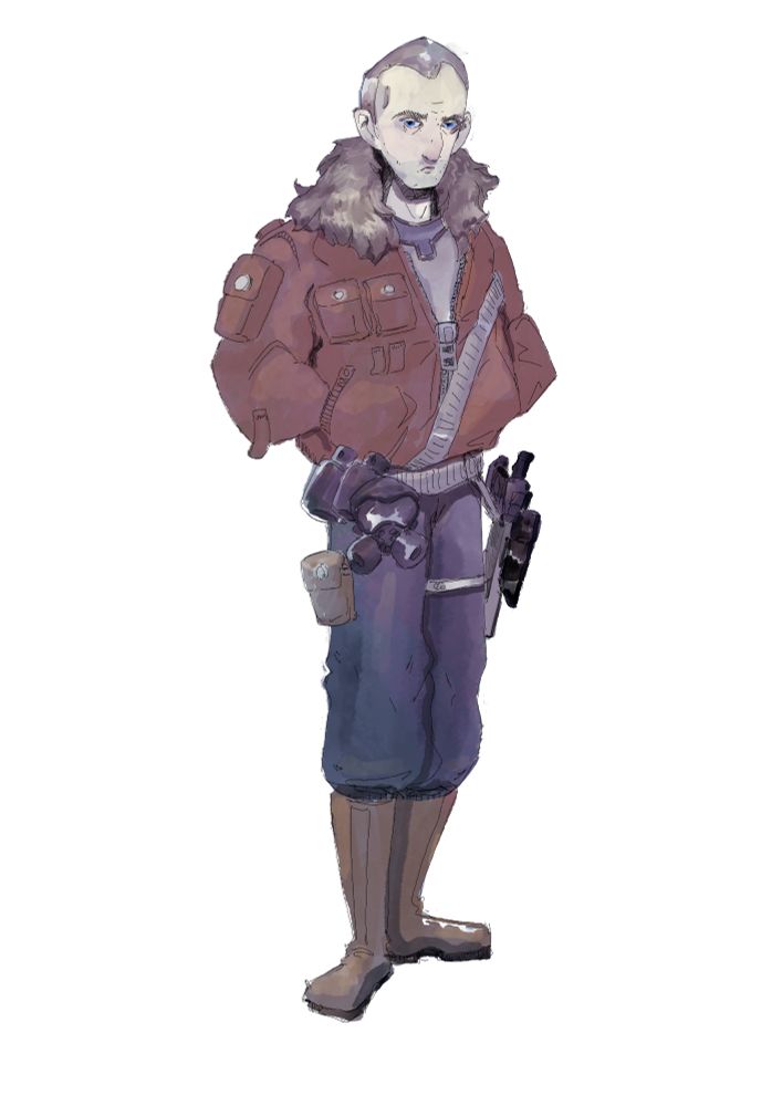 salt-and pepper fella with receding hairline, hooked nose, big, fur-collared jacket, and heavy pistol