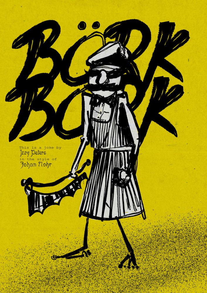 a parody cover of mork borg, featuring the swedish chef in ink on a yellow background and the text 'bork bork'. The byline says "this is a joke by izzy peters in the style of johan nohr'