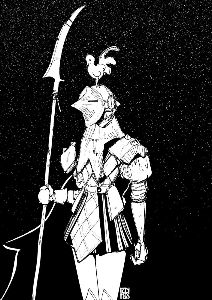 A knight in armor with a pointed, chicken-topped helm and a glaive