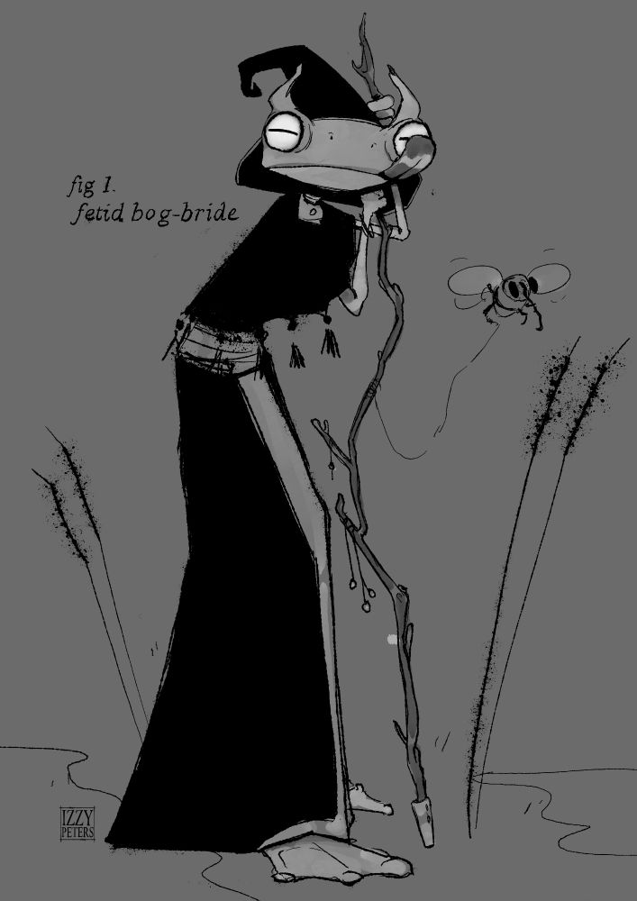 ink drawing of a horned frog-woman in a black robe, holding a long stick with a fly tied to it by spider-silk
