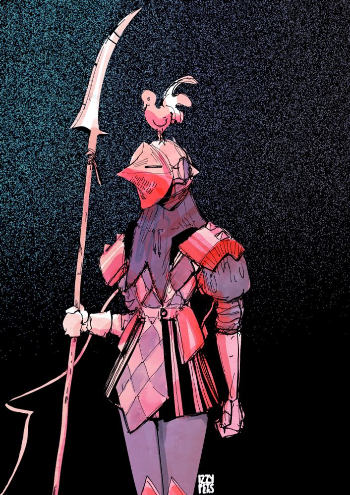 A knight in a pointed helm, belled collar and harlequin mail with a tall glaive and a black cloak 