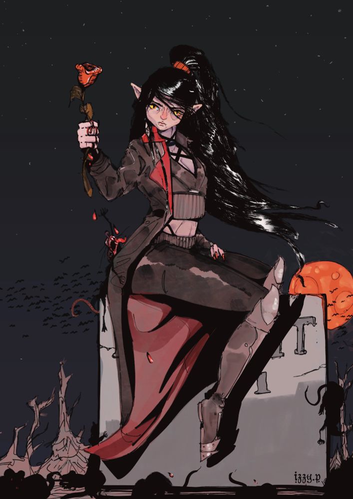 A flushed, beautiful vampire seated on a headstone, wearing a long red and black coat, cropped vest, leather pants, steel greaves, and a huge ponytail. Blood drips from her hand, squeezing a rose, into a rat's slavering mouth. Many more rats scurry around the headstone, silhouetted against a bat-filled sky and a bloody red moon.
