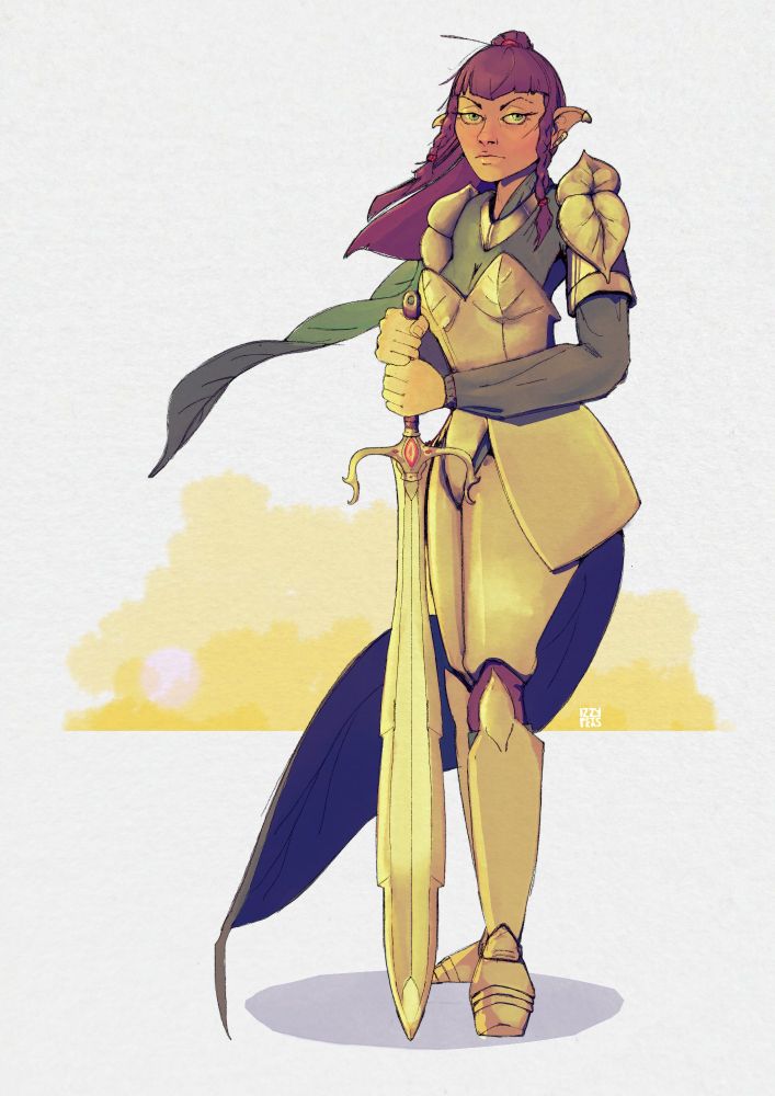 An armored elf with a leaf shaped sword