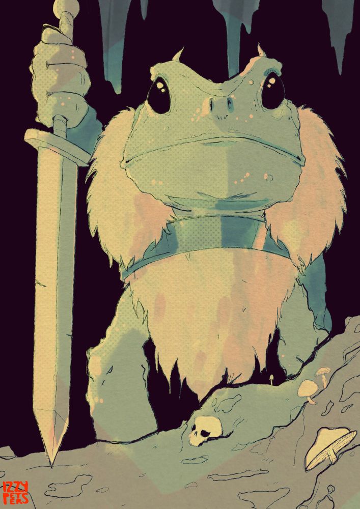 A frog ogre in a cave with a sword