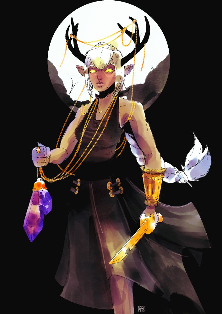 Watercolor of an antlered woman in a black robe with amethyst crystals and a golden knife standing in front of a full moon