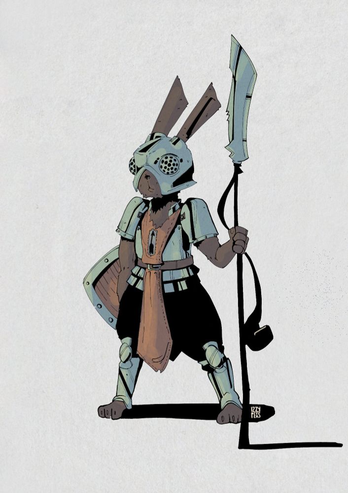 Rabbit warrior in plate with shield and spear