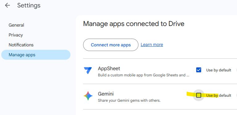 a screenshot of the "manage app" section of the google drive settings menu showing the "use gemini by default" option